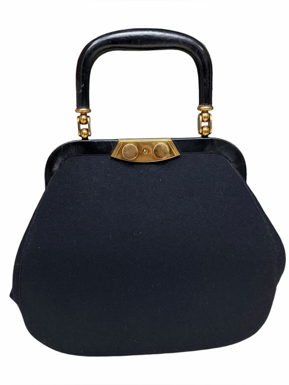 Vintage 1950s Crown Lewis Black Wool Top Handle Frame Handbag, Gold Tone Metal